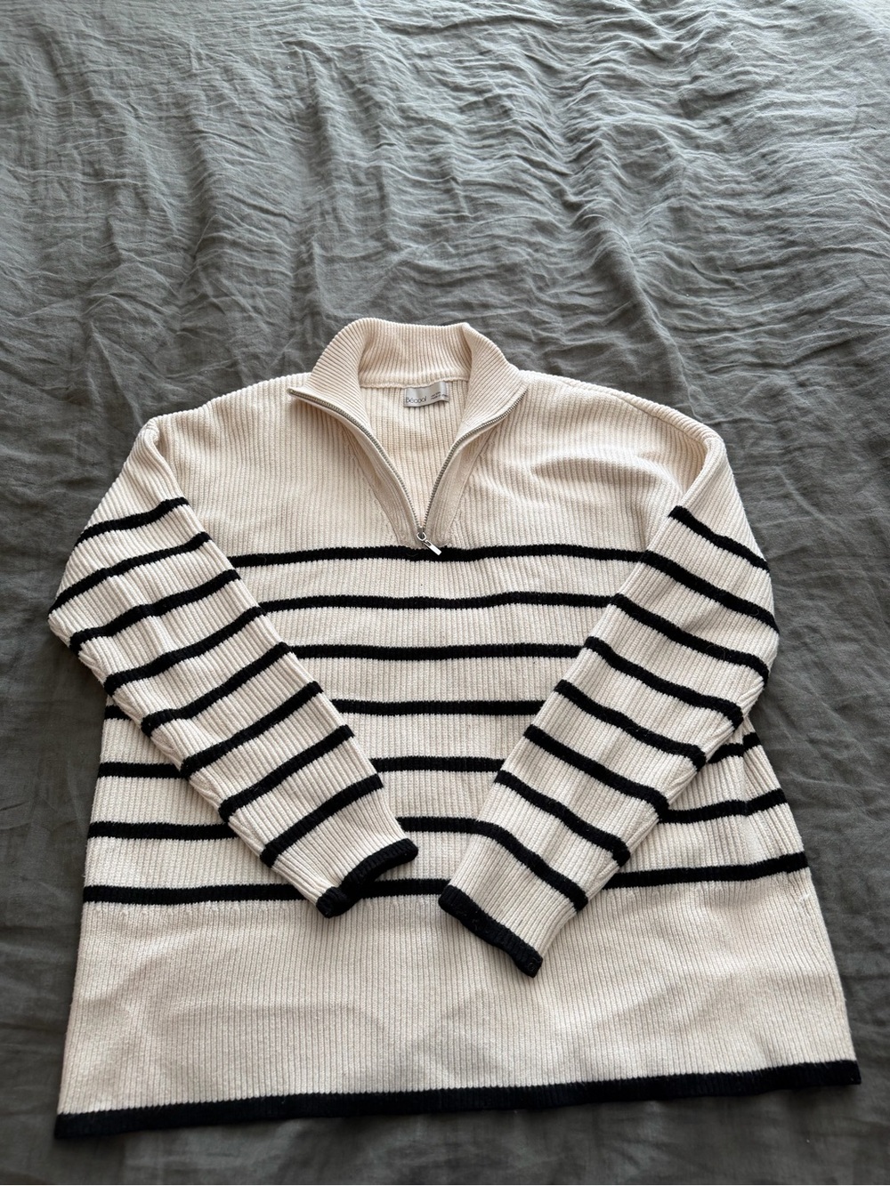 Quarter-Zip Striped Knit Sweater - Cream with Black Stripes